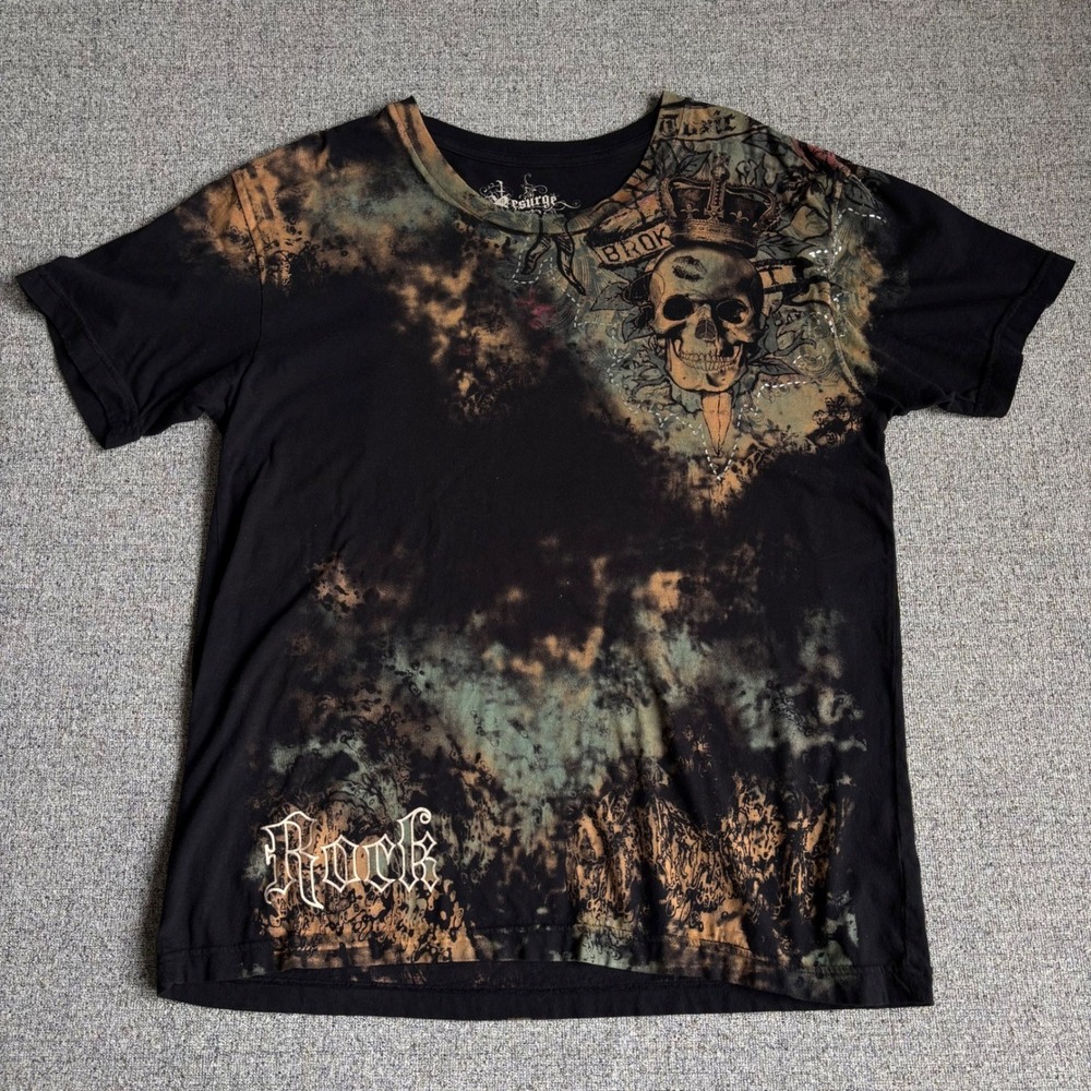 Affliction Style Mens XL Graphic T-Shirt Skull Crown Acid Wash‎ Black Y2K